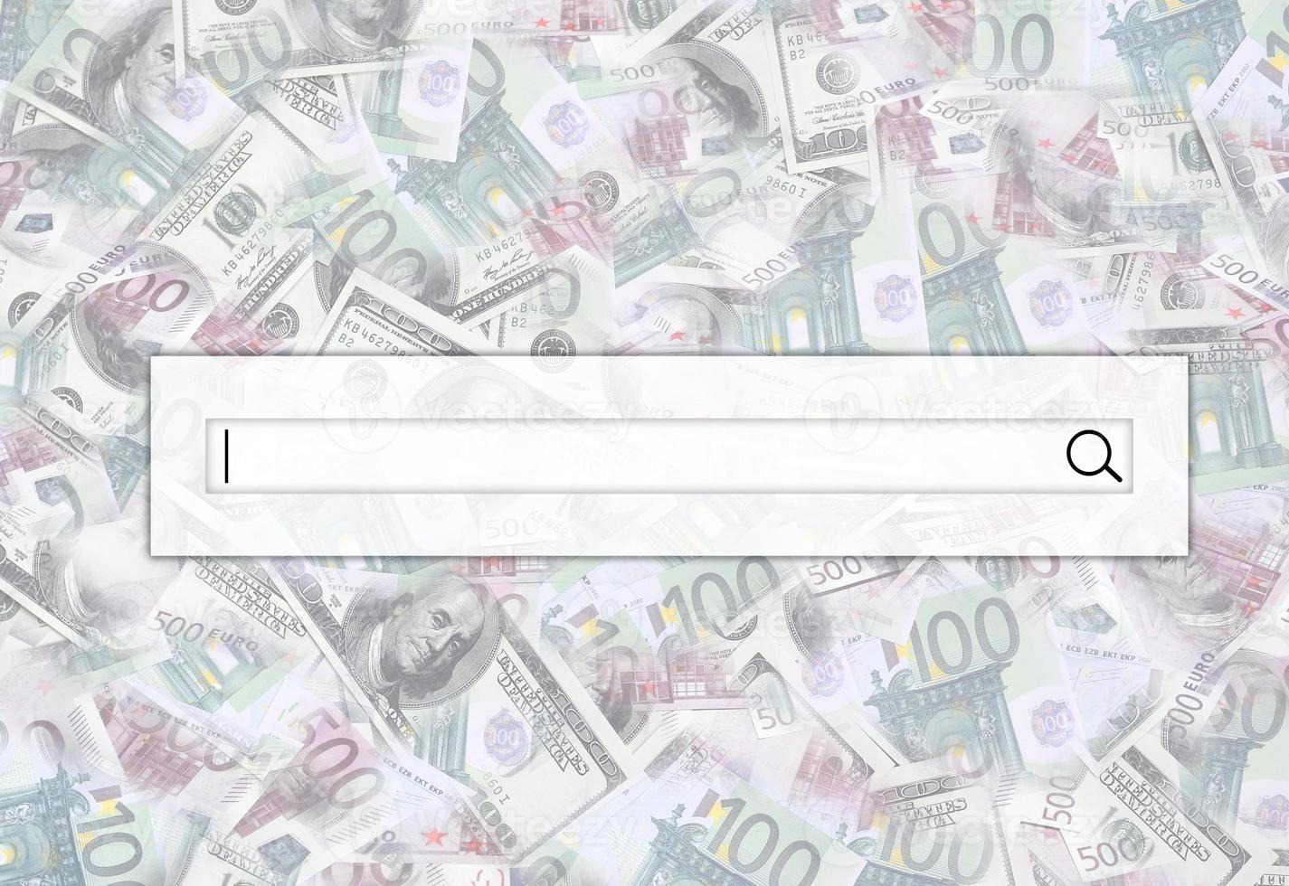 The search string is located on top of collage of many images of euro banknotes in denominations of 100 and 500 euros lying in the heap photo