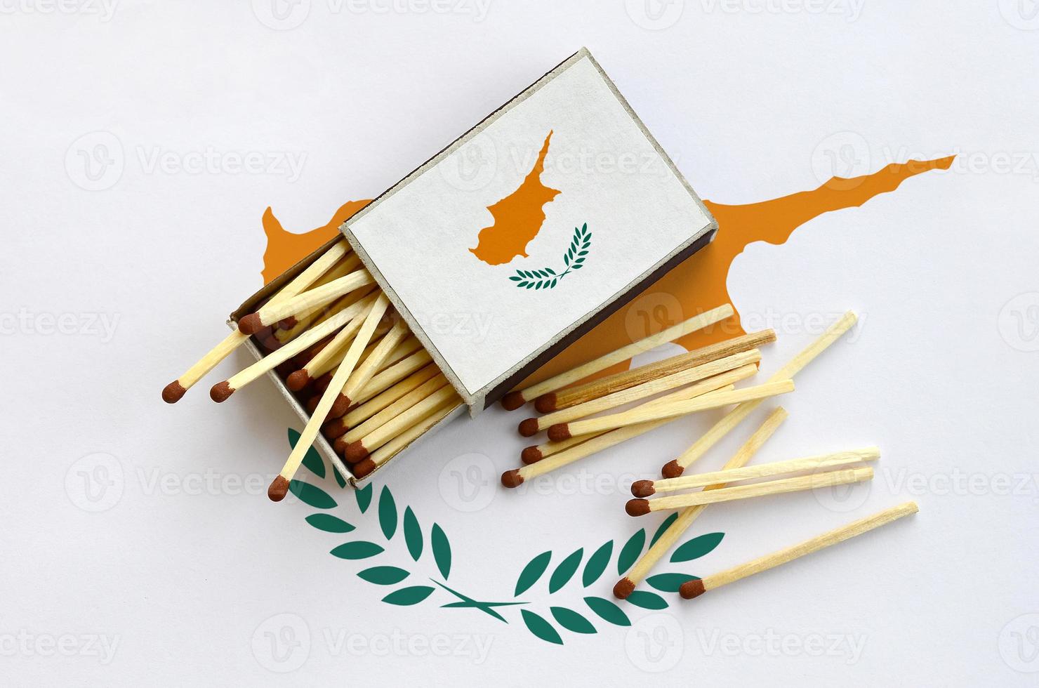Cyprus flag  is shown on an open matchbox, from which several matches fall and lies on a large flag photo