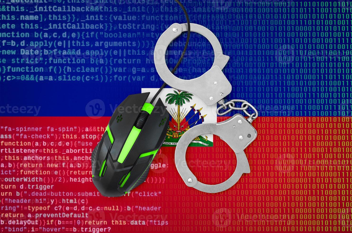 Haiti flag  and handcuffed computer mouse. Combating computer crime, hackers and piracy photo