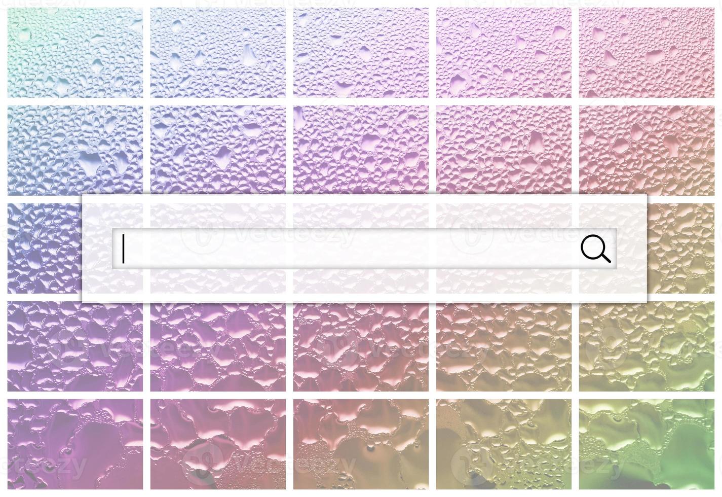 The search field is located on top of collage of many different fragments of glass, decorated with rain drops from the condensate. Rainbow colors photo