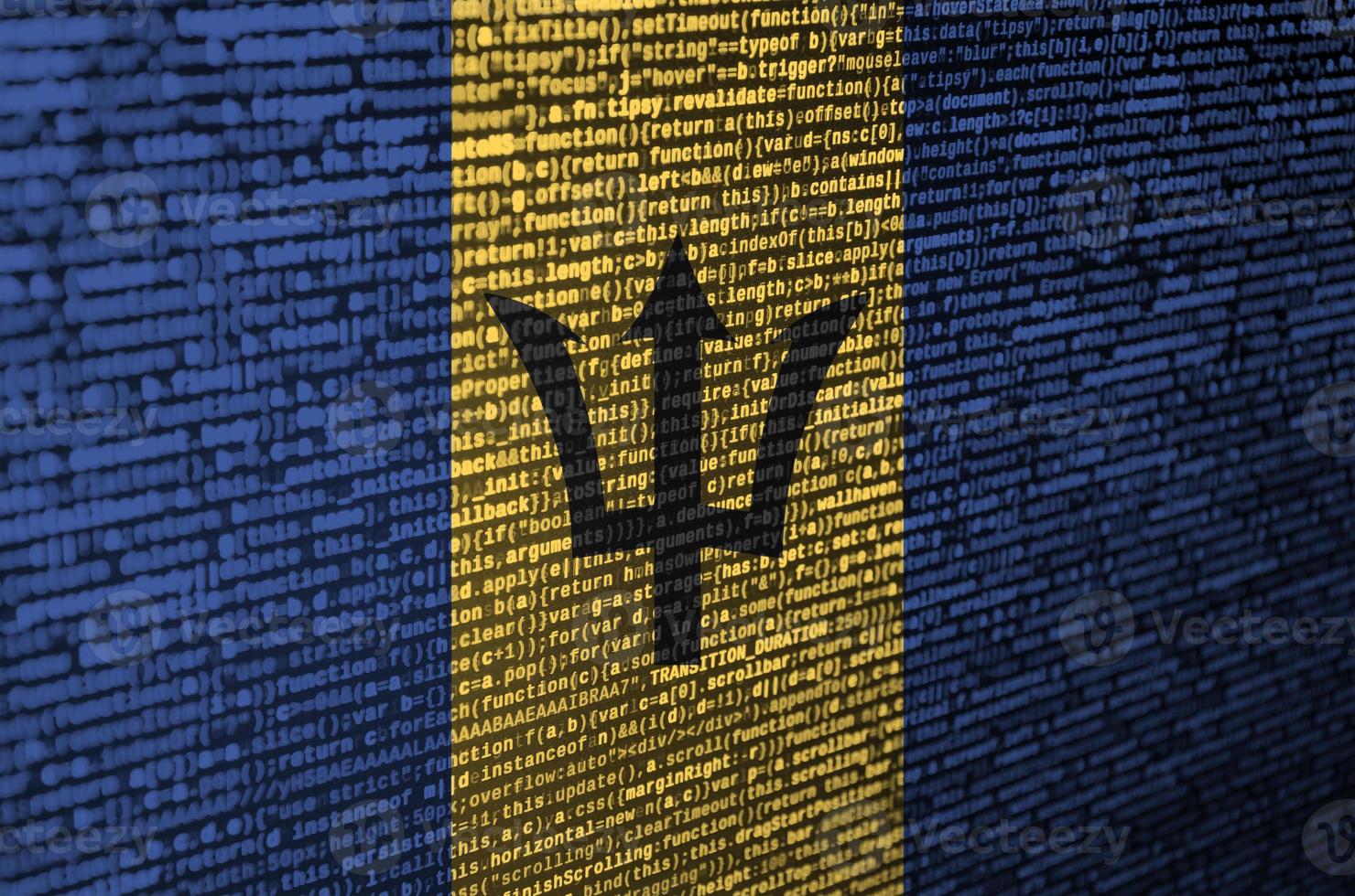 Barbados flag  is depicted on the screen with the program code. The concept of modern technology and site development photo