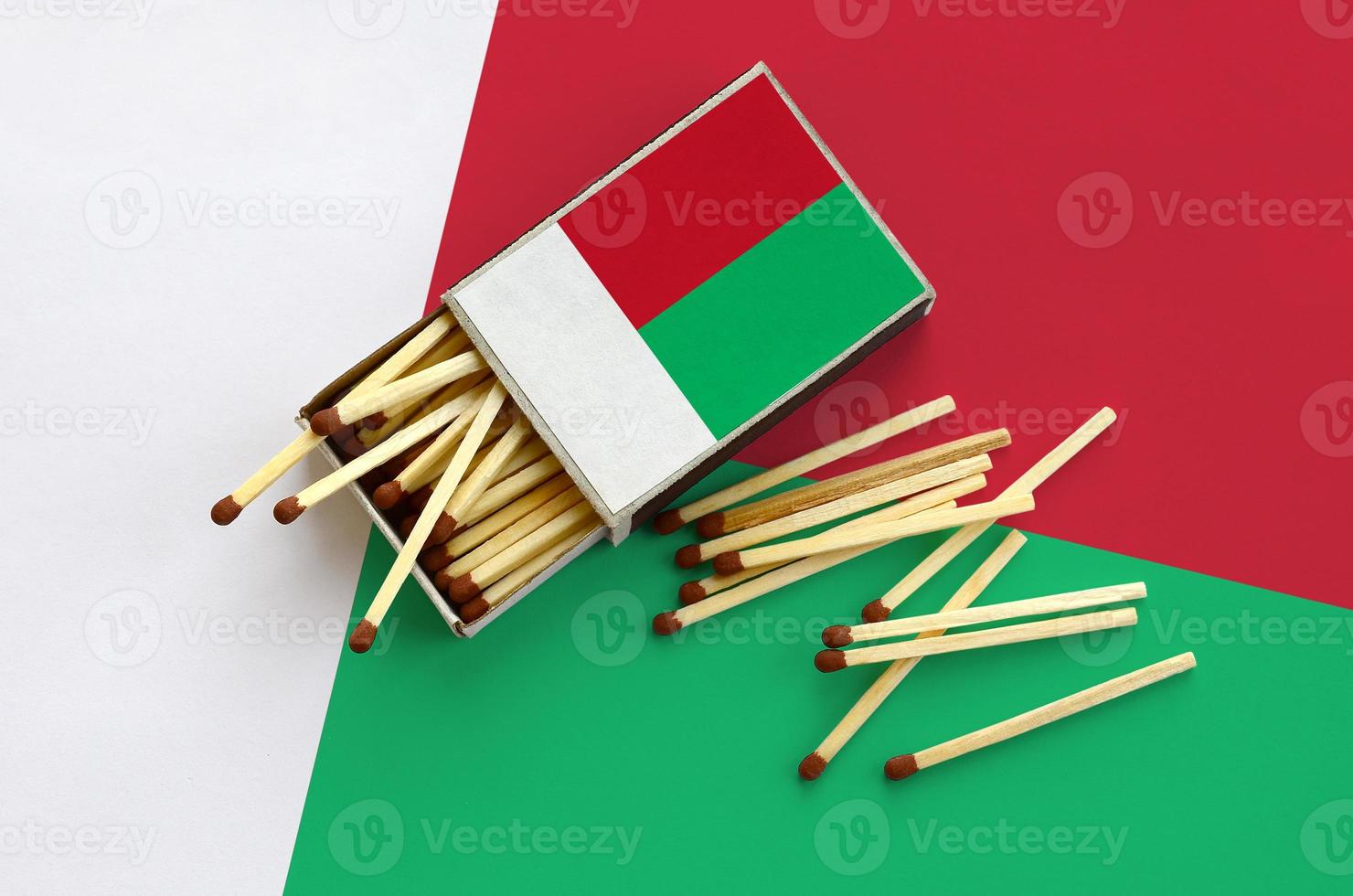Madagascar flag  is shown on an open matchbox, from which several matches fall and lies on a large flag photo