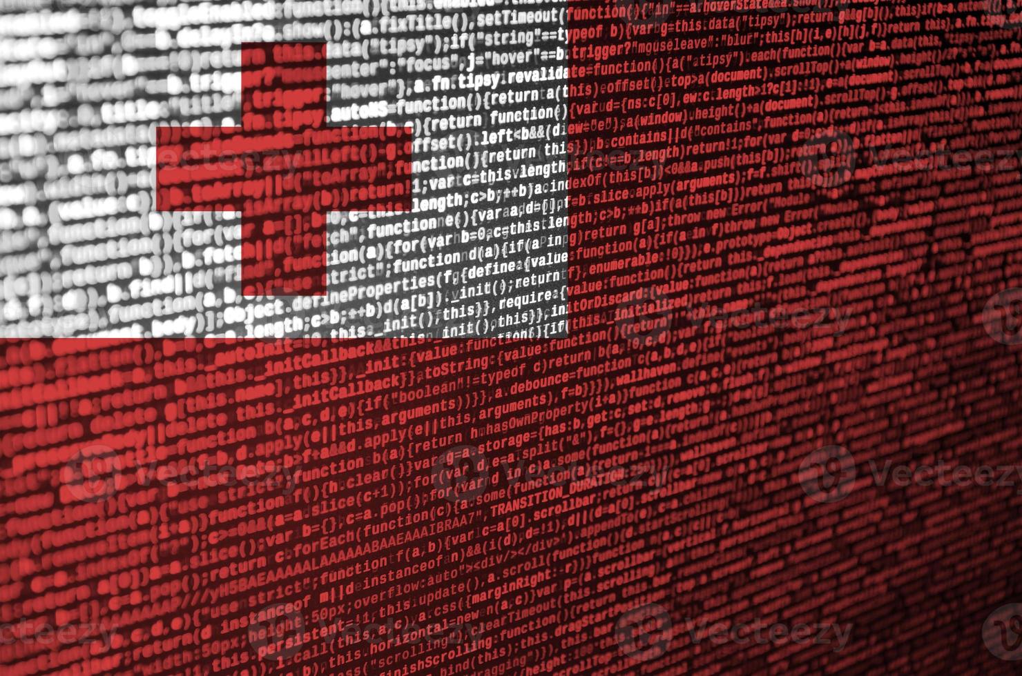 Tonga flag  is depicted on the screen with the program code. The concept of modern technology and site development photo
