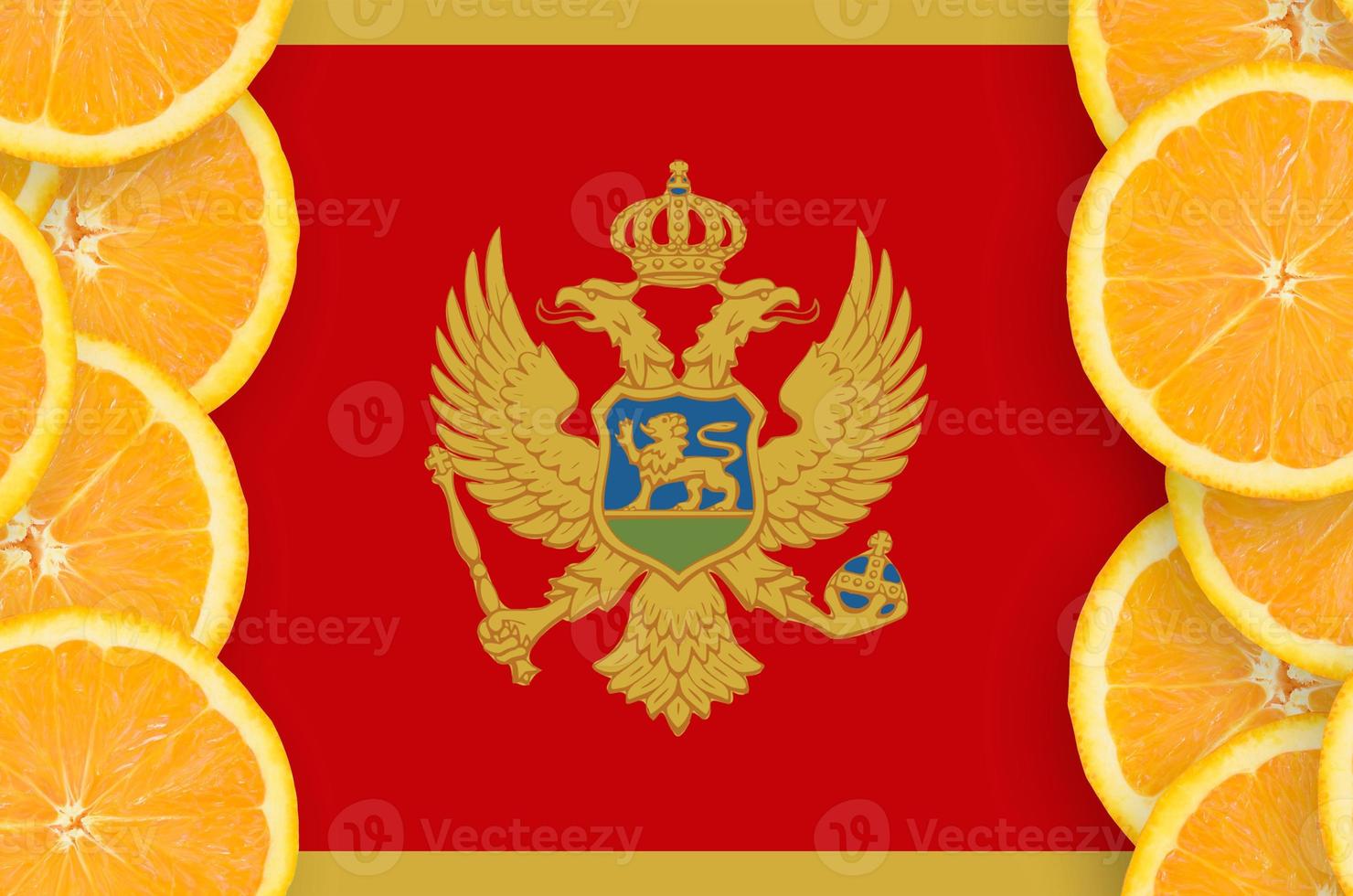 Montenegro flag  in citrus fruit slices vertical frame photo