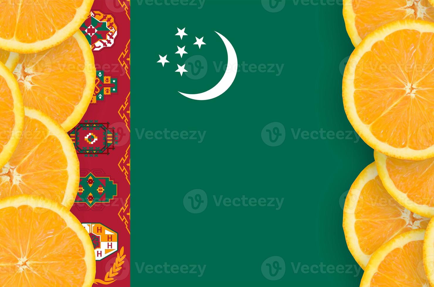 Turkmenistan flag  in citrus fruit slices vertical frame photo