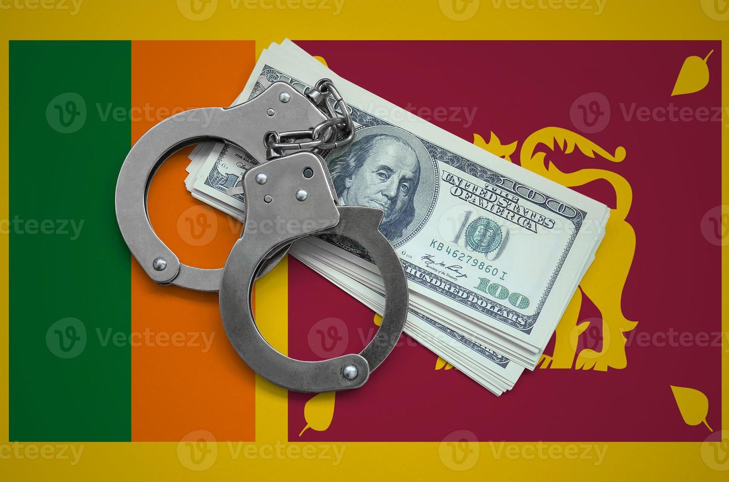 Sri Lanka flag  with handcuffs and a bundle of dollars. Currency corruption in the country. Financial crimes photo