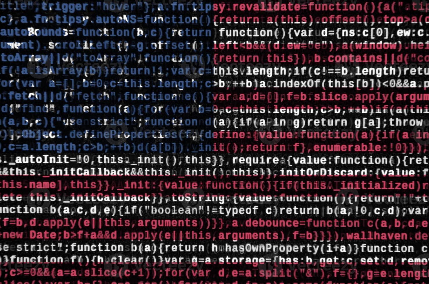 United States of America flag  is depicted on the screen with the program code. The concept of modern technology and site development photo