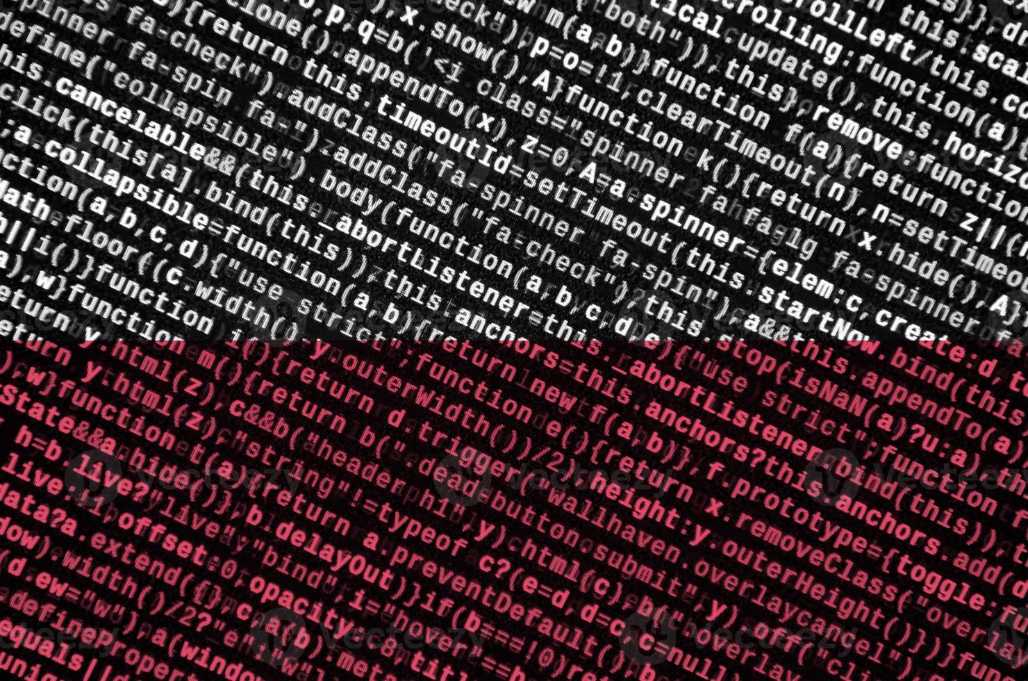 Poland flag  is depicted on the screen with the program code. The concept of modern technology and site development photo