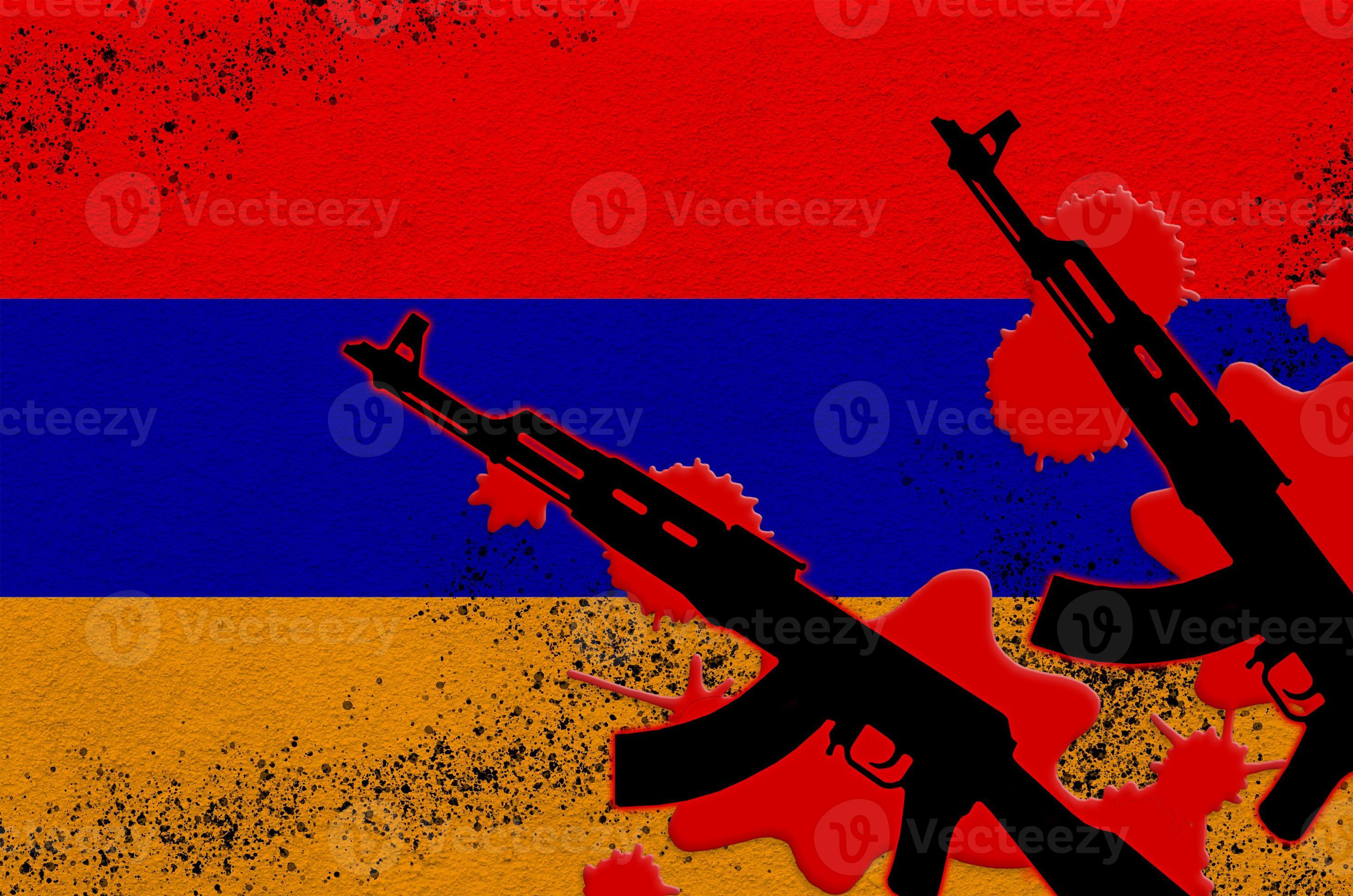 Armenia flag and two black AK47 rifles in red blood. Concept for terror attack or military