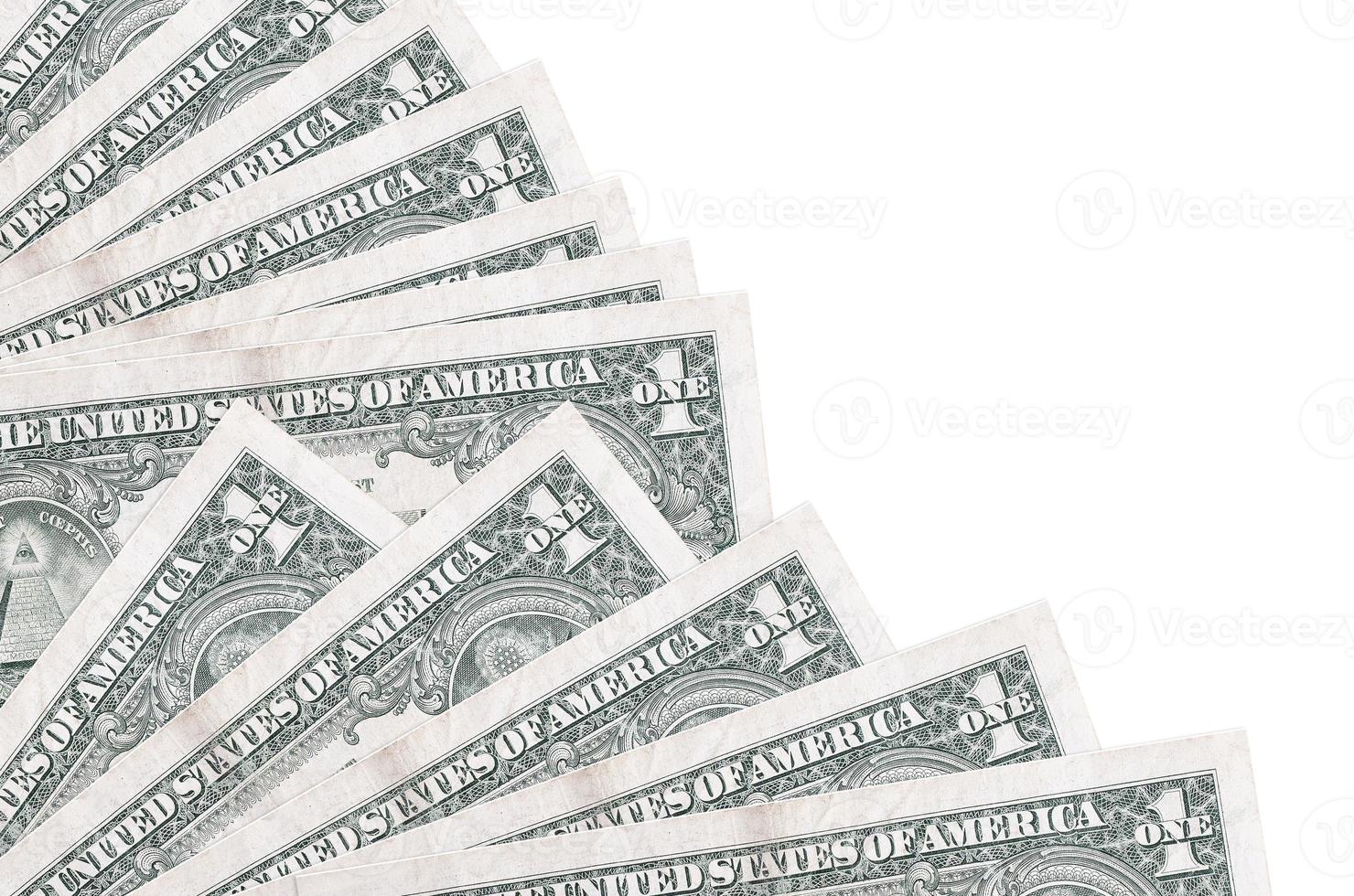1 US dollar bills lies isolated on white background with copy space stacked in fan close up photo