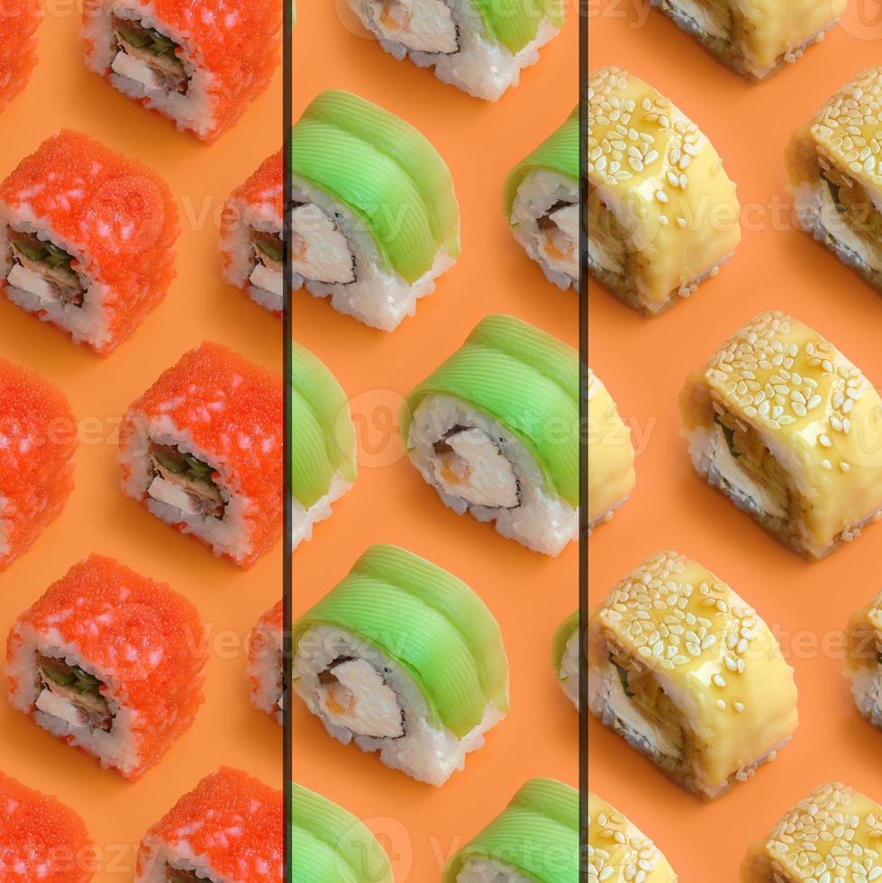 Collage with Different types of asian sushi rolls on orange background. Minimalism top view flat lay pattern with Japanese food photo