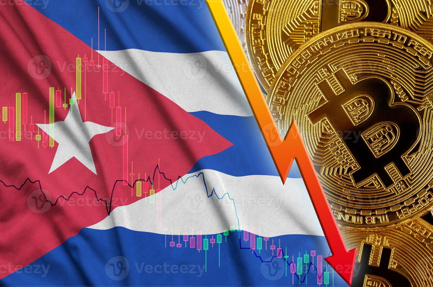 Cuba flag and cryptocurrency falling trend with many golden bitcoins photo