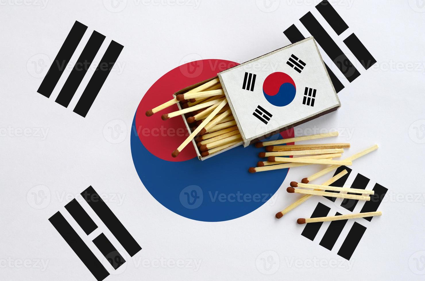 South Korea flag  is shown on an open matchbox, from which several matches fall and lies on a large flag photo