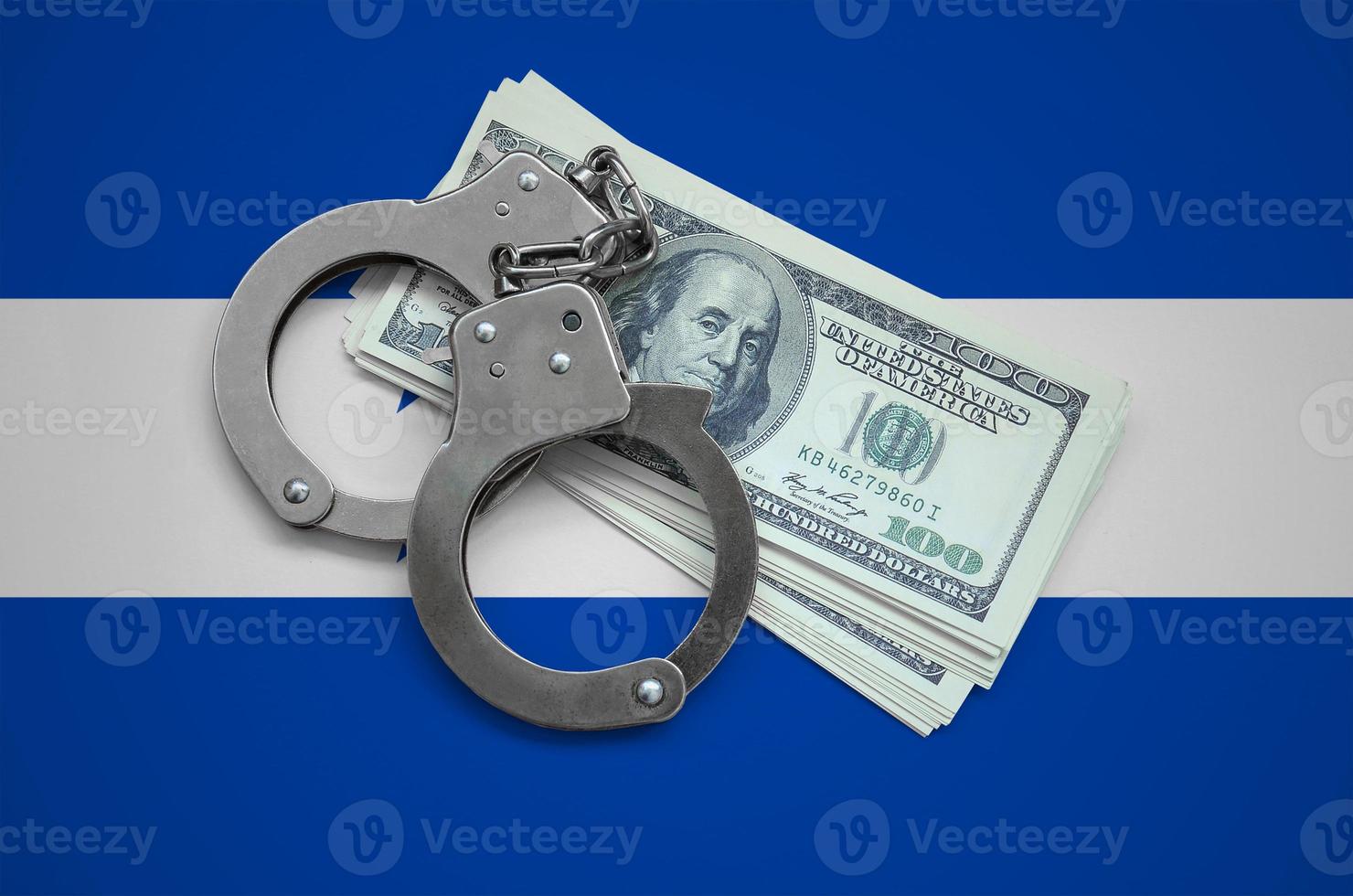 Honduras flag  with handcuffs and a bundle of dollars. Currency corruption in the country. Financial crimes photo