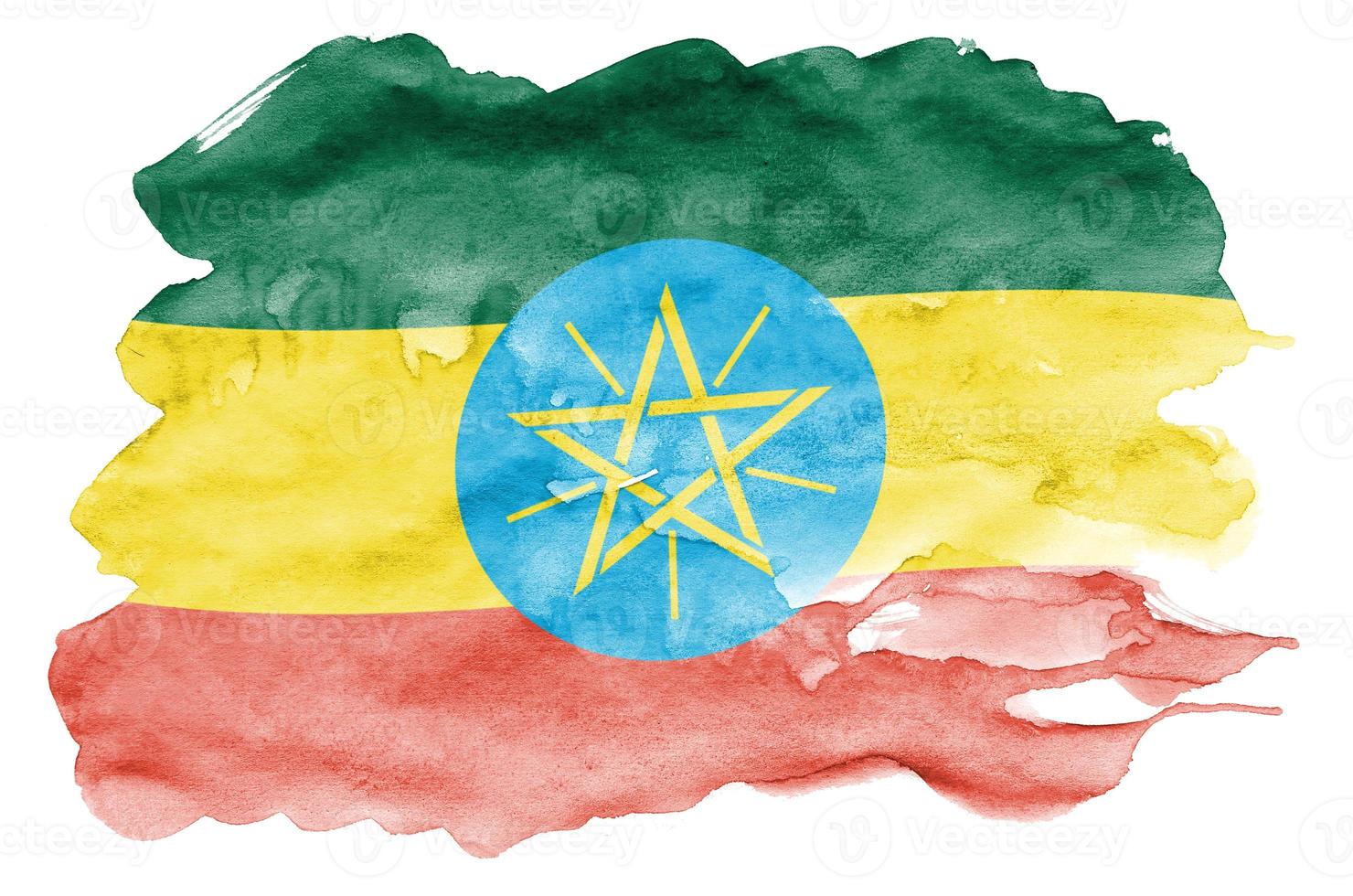 Ethiopia flag  is depicted in liquid watercolor style isolated on white background photo