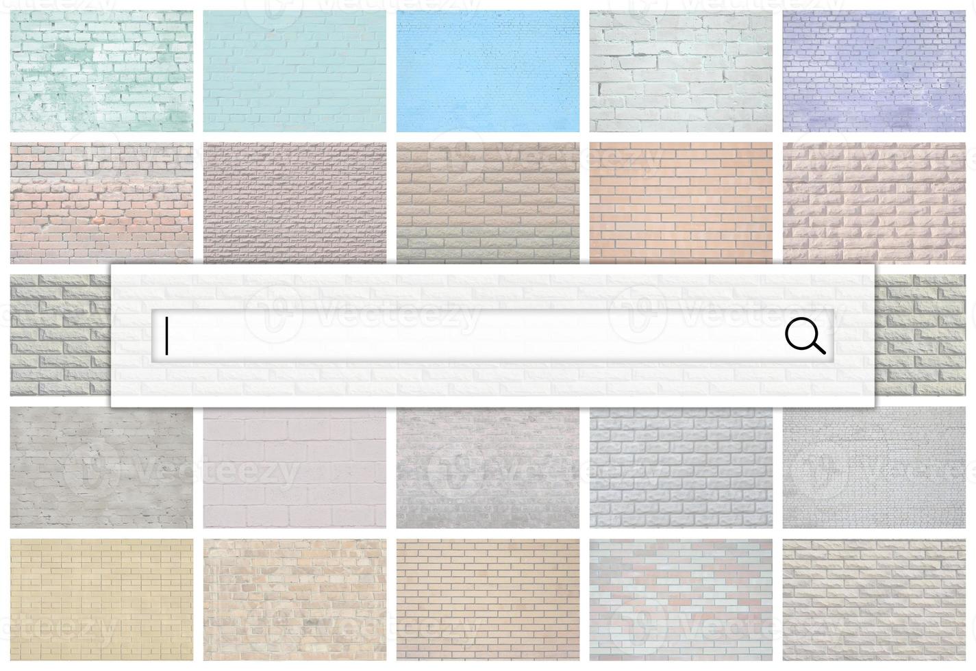 Visualization of the search bar on the background of a collage of many pictures with fragments of brick walls of different colors close-up. Set of images with varieties of brickwork photo