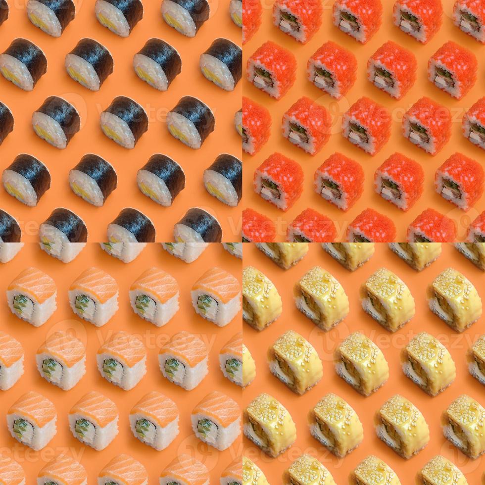Collage with Different types of asian sushi rolls on orange background. Minimalism top view flat lay pattern with Japanese food photo
