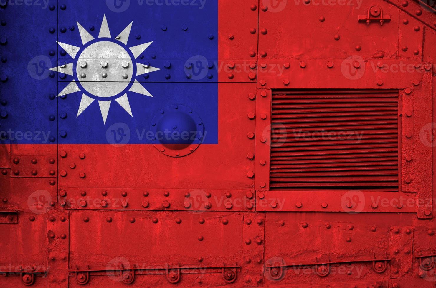 Taiwan flag depicted on side part of military armored tank closeup. Army forces conceptual background photo