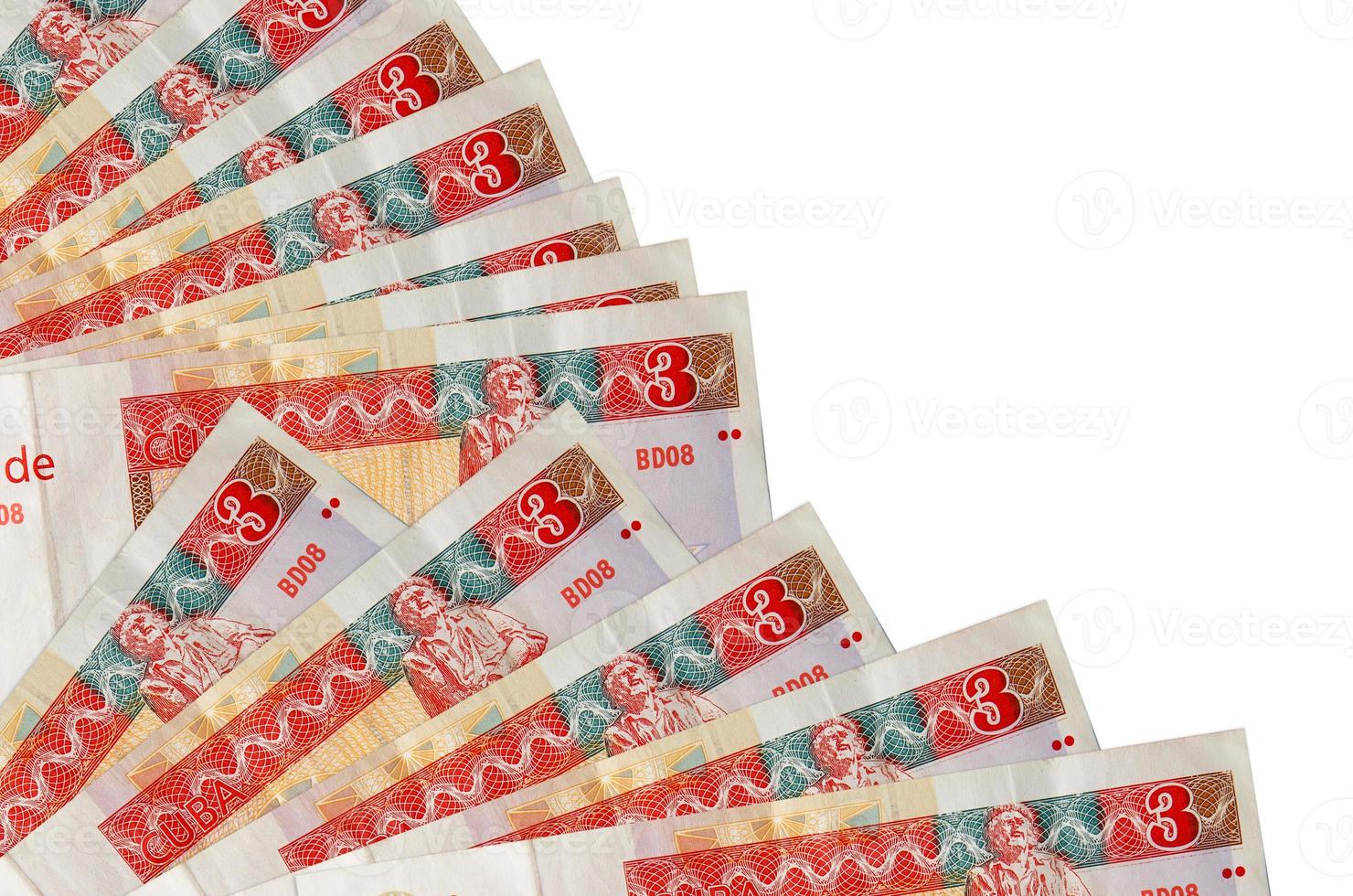 3 cuban pesos convertibles bills lies isolated on white background with copy space stacked in fan close up photo