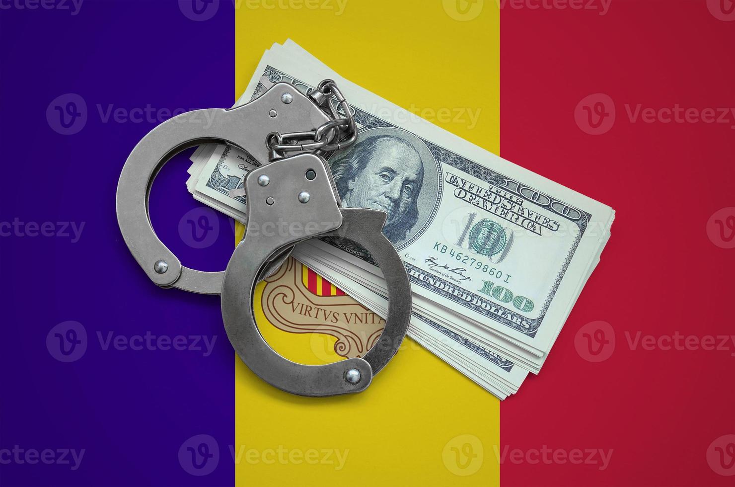 Andorra flag  with handcuffs and a bundle of dollars. Currency corruption in the country. Financial crimes photo