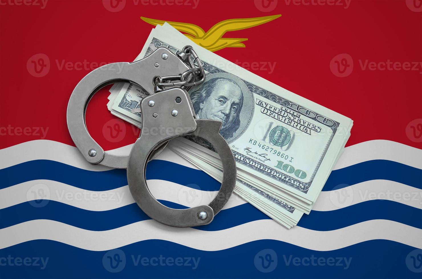 Kiribati flag  with handcuffs and a bundle of dollars. Currency corruption in the country. Financial crimes photo