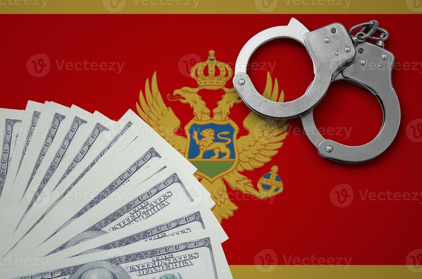 Montenegro flag  with handcuffs and a bundle of dollars. The concept of illegal banking operations in US currency photo