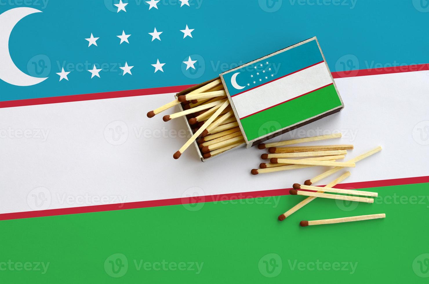 Uzbekistan flag  is shown on an open matchbox, from which several matches fall and lies on a large flag photo