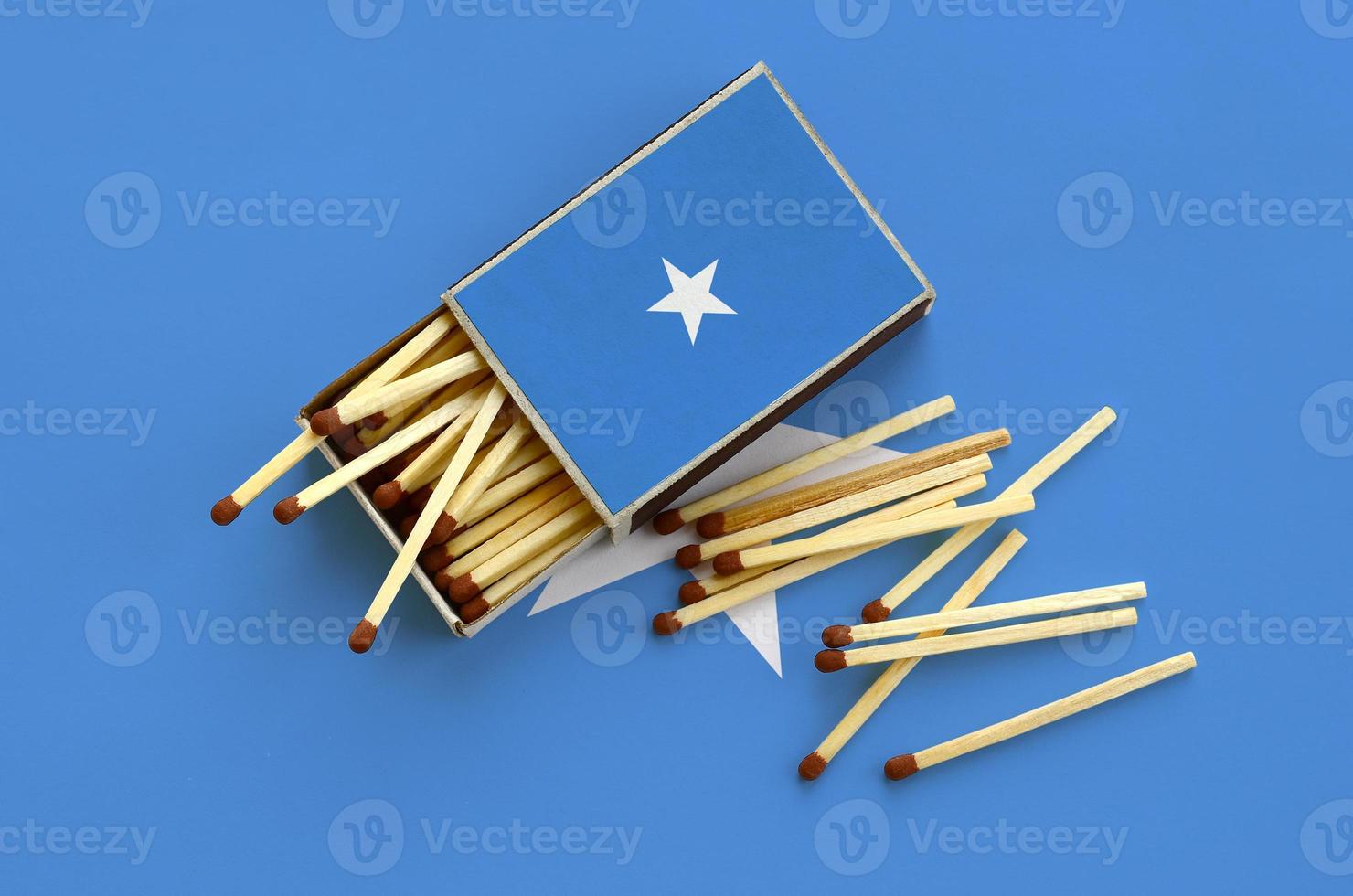 Somalia flag  is shown on an open matchbox, from which several matches fall and lies on a large flag photo