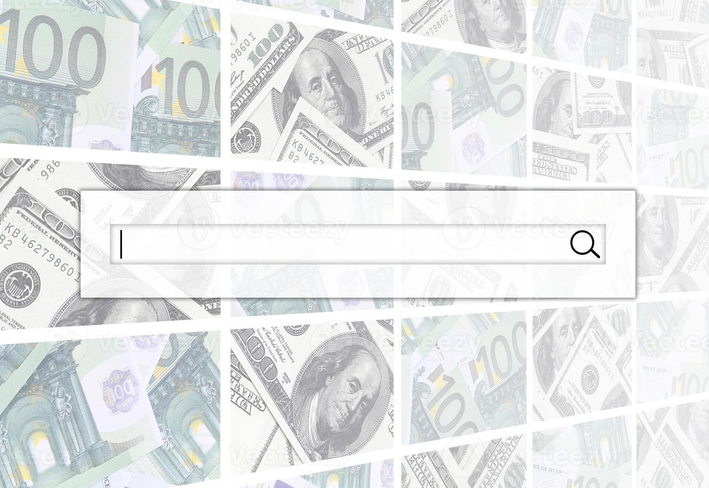 The search string is located on top of collage of many images of euro banknotes in denominations of 100 and 500 euros lying in the heap photo