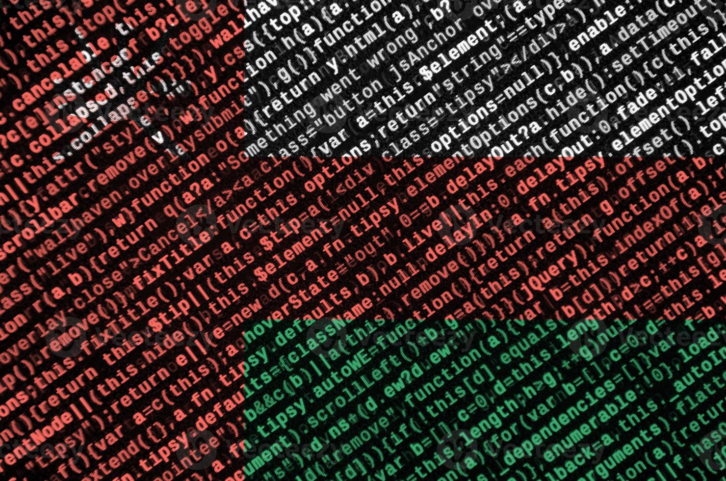 Oman flag  is depicted on the screen with the program code. The concept of modern technology and site development photo