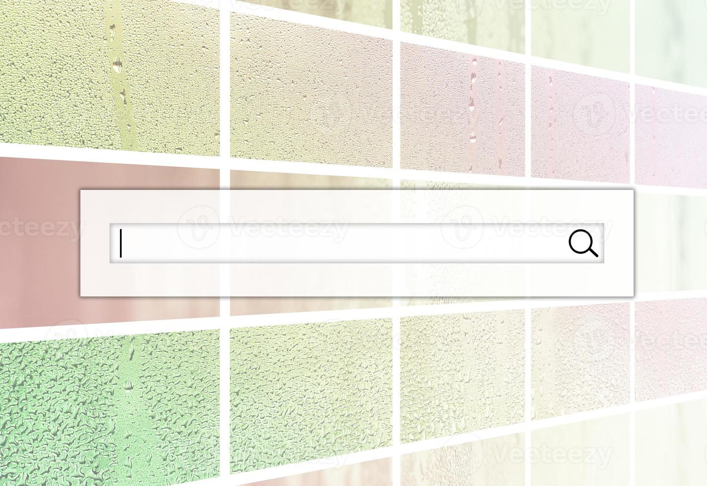 The search field is located on top of collage of many different fragments of glass, decorated with rain drops from the condensate. Rainbow colors photo