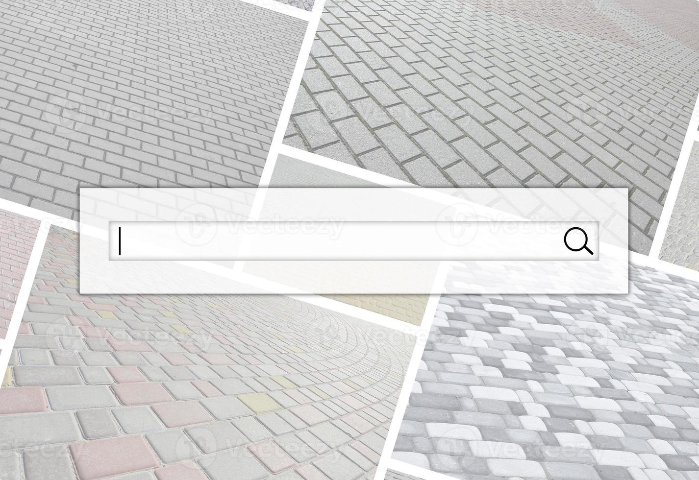 Visualization of the search bar on the background of a collage of many pictures with fragments of paving tiles close-up. Set of images with pavement stone photo