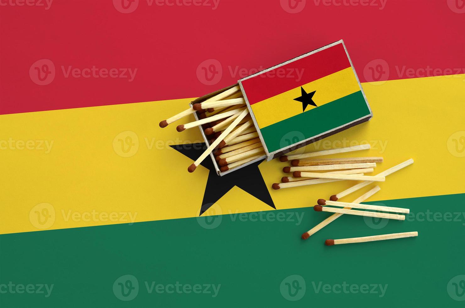 Ghana flag  is shown on an open matchbox, from which several matches fall and lies on a large flag photo