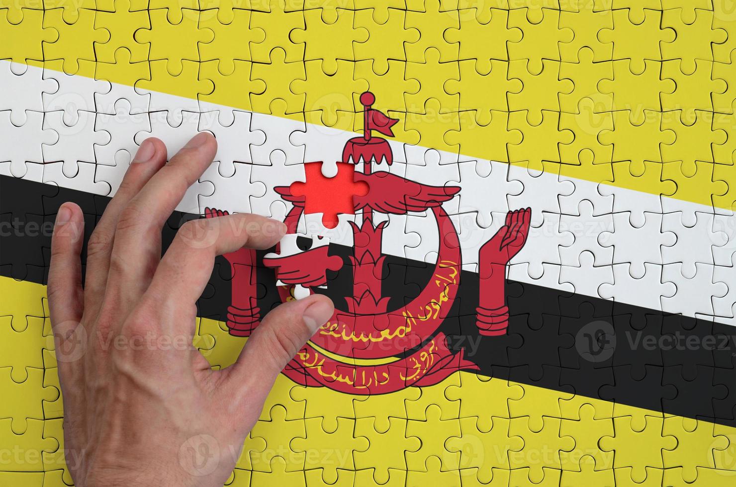 Brunei Darussalam flag  is depicted on a puzzle, which the man's hand completes to fold photo