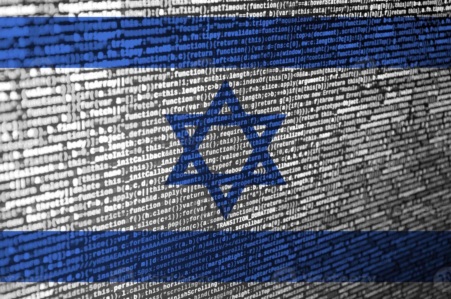 Israel flag  is depicted on the screen with the program code. The concept of modern technology and site development photo