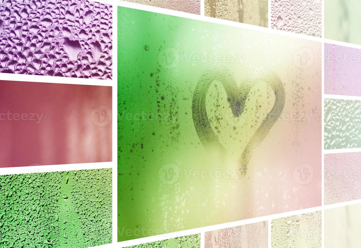 A collage of many different fragments of glass, decorated with rain drops from the condensate and painted heart in center photo