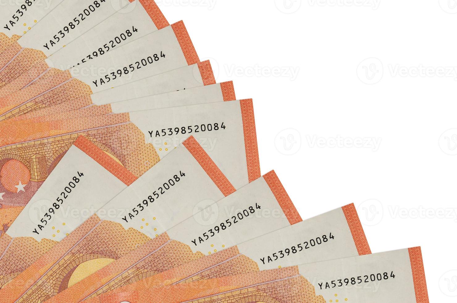 10 euro bills lies isolated on white background with copy space stacked in fan close up photo