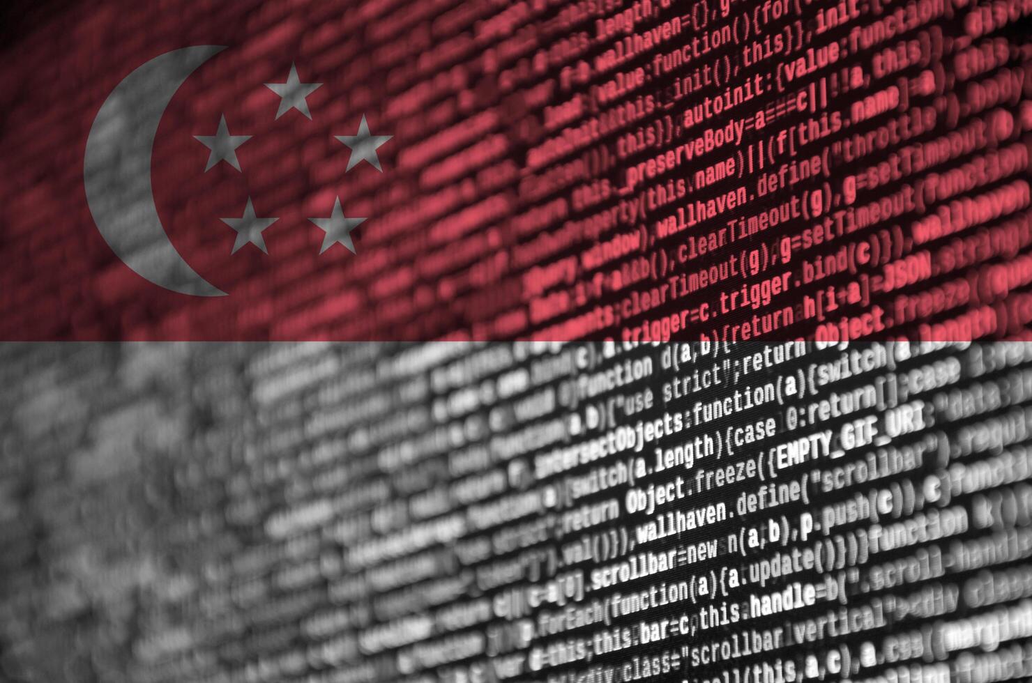 Singapore flag  is depicted on the screen with the program code. The concept of modern technology and site development photo