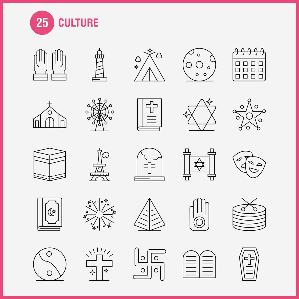 iconos de línea de cultura establecidos para infografías kit uxui móvil y diseño de impresión incluyen instrumento de mano de tambor música religión mandamientos fe orar icono conjunto vector