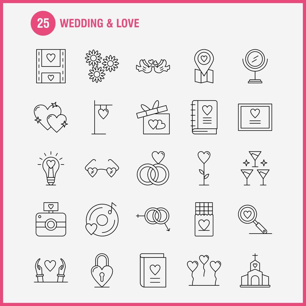 iconos de línea de boda y amor establecidos para infografía kit uxui móvil y diseño de impresión incluyen idea de bombilla amor corazón películas de boda video conjunto de iconos de amor vector