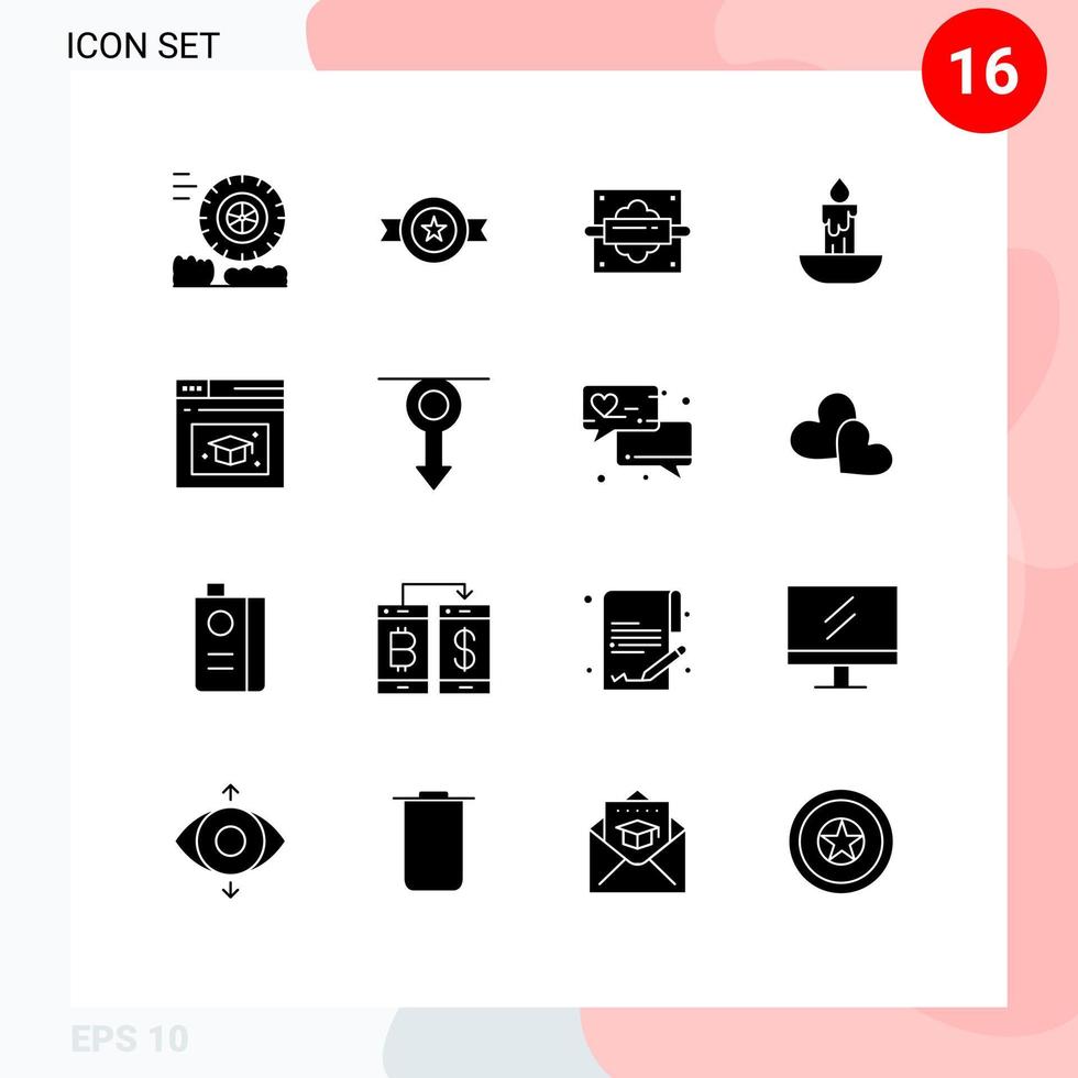 Pack of 16 creative Solid Glyphs of cap web page pin holiday fire Editable Vector Design Elements