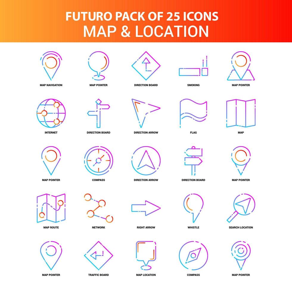 naranja futuro 25 mapa y conjunto de iconos de ubicación vector