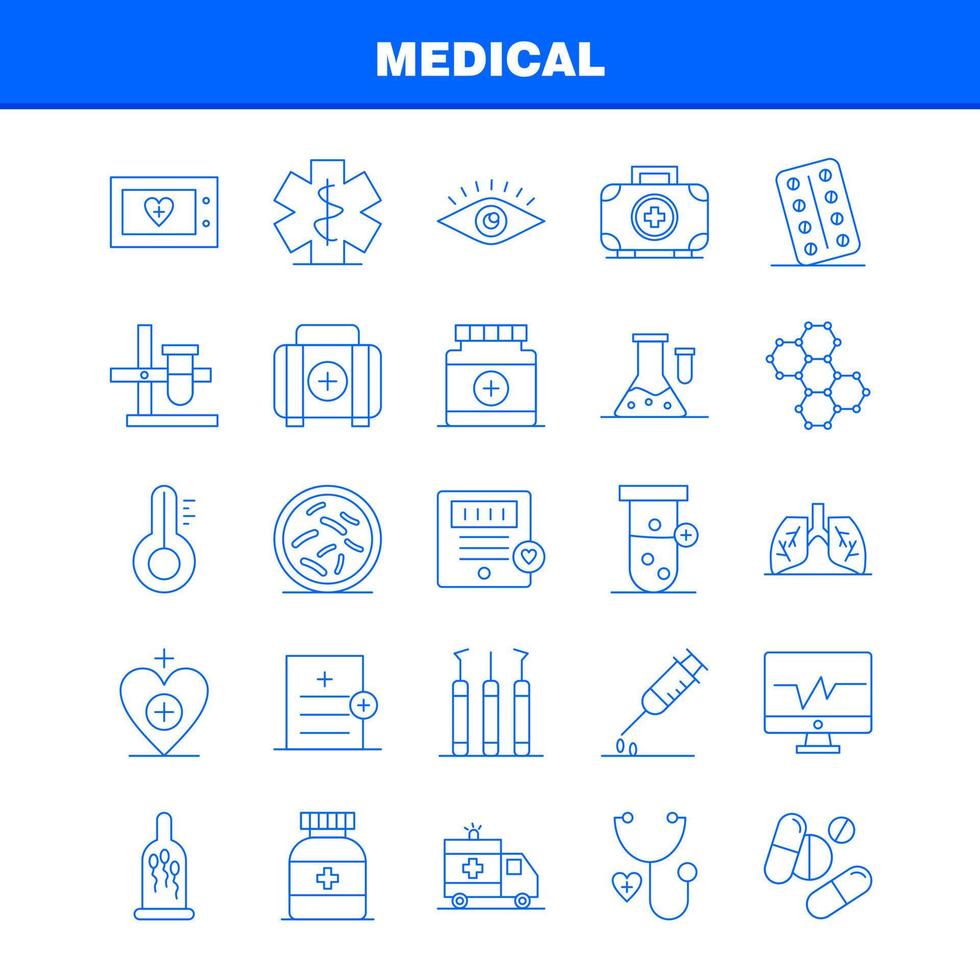 los iconos de línea médica establecidos para el kit de uxui móvil de infografía y el diseño de impresión incluyen ambulancia médico atención médica hospital corazón escáner médico estadística eps 10 vector