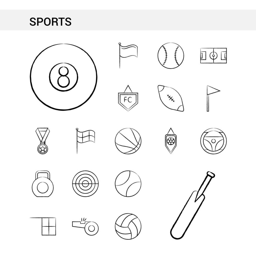 estilo de conjunto de iconos dibujados a mano de deportes aislado en vector de fondo blanco