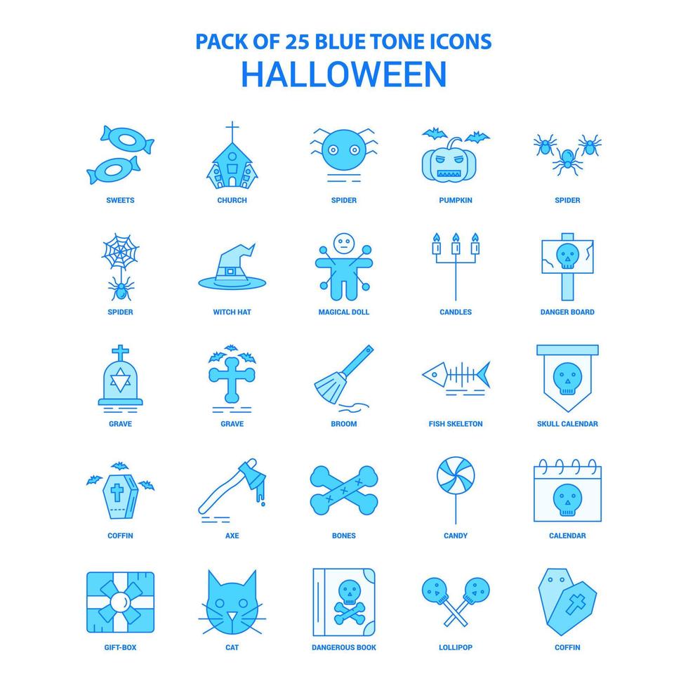 paquete de iconos de tono azul de halloween 25 conjuntos de iconos vector