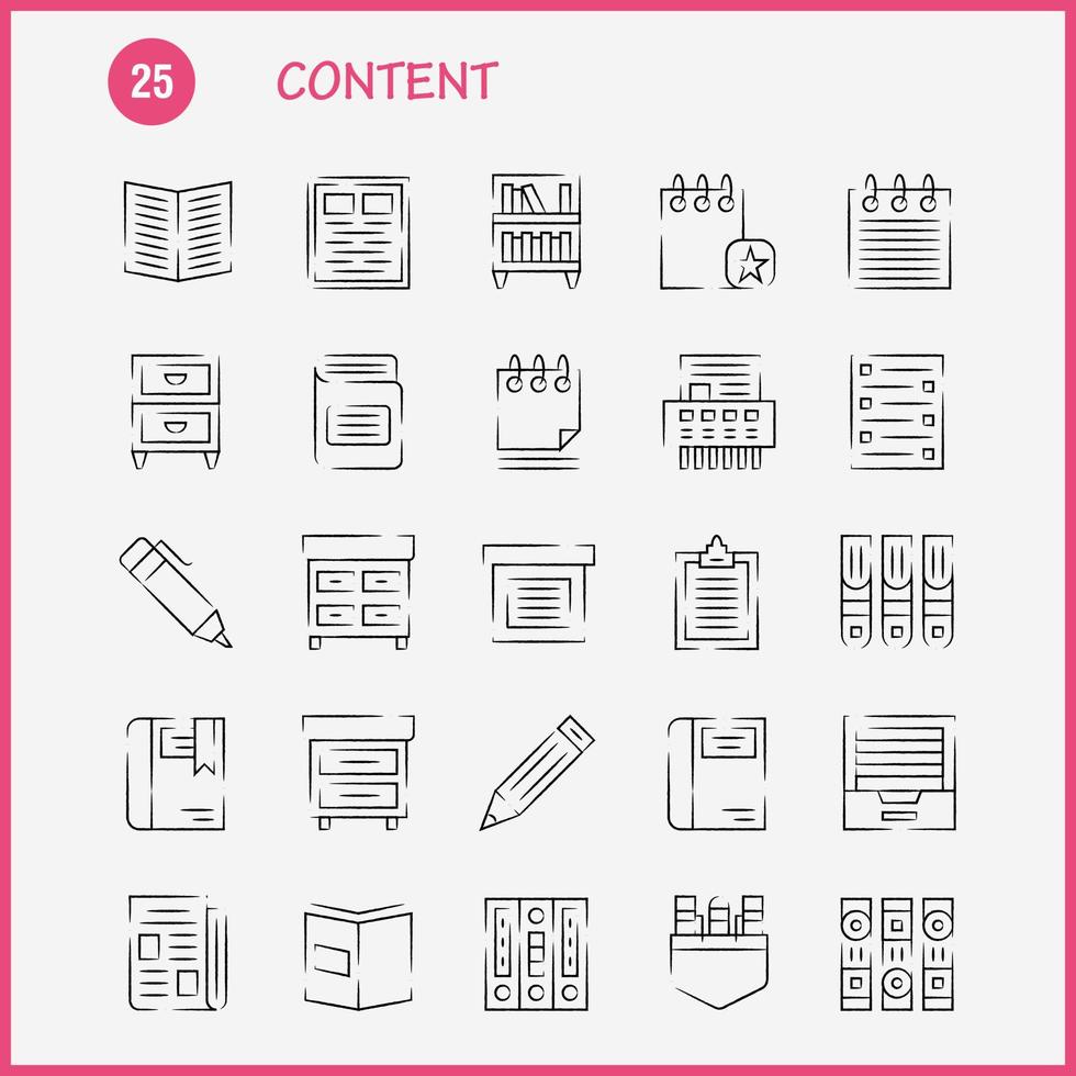 contenido paquete de iconos dibujados a mano para diseñadores y desarrolladores iconos de libro marca de libro contenido contenido bolígrafos contenido de bolsillo vector