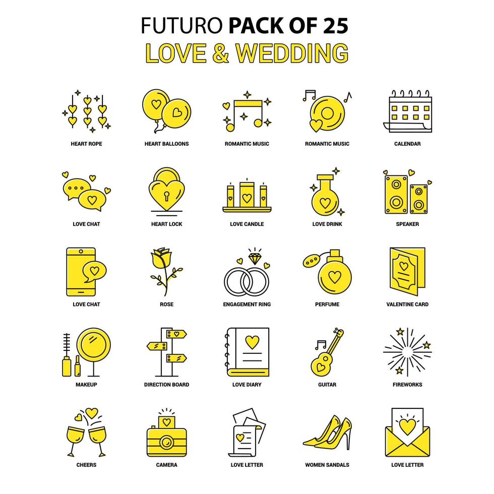 conjunto de iconos de amor y boda paquete de iconos de último diseño de futuro amarillo vector