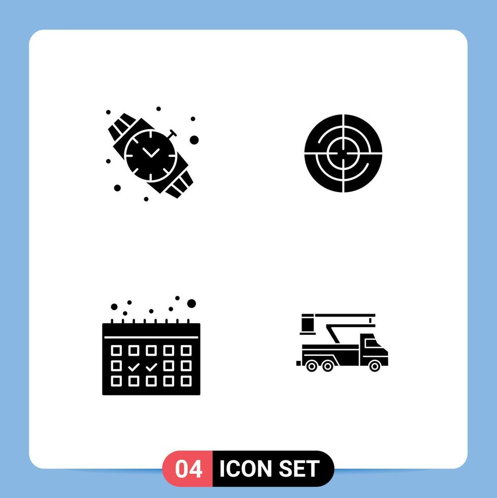 Mobile Interface Solid Glyph Set of 4 Pictograms of hand watch vacation define navigation truck Editable Vector Design Elements
