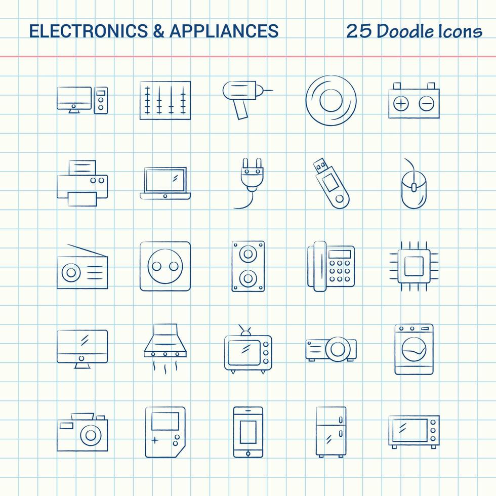 electrónica y electrodomésticos 25 iconos de garabato conjunto de iconos de negocios dibujados a mano vector