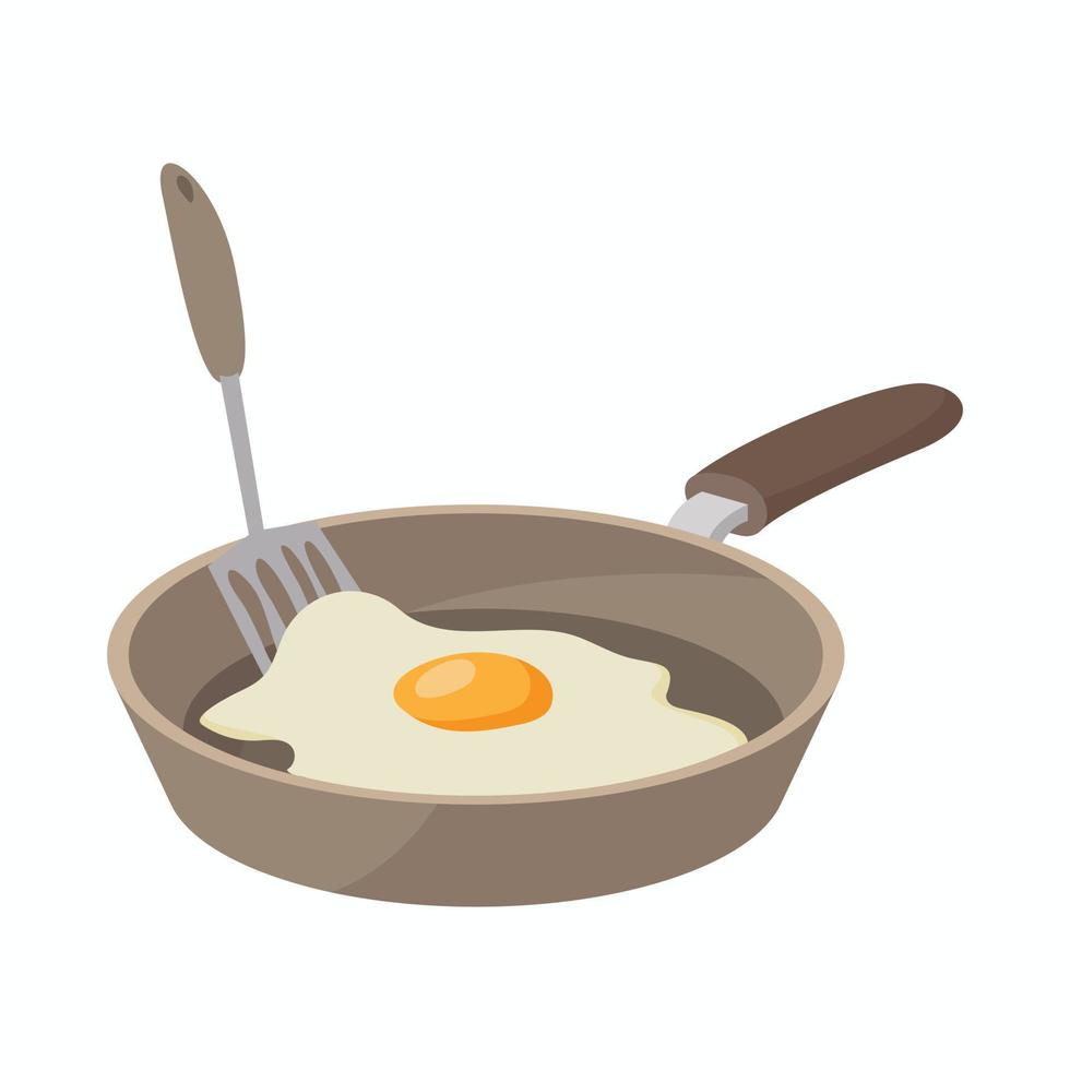 Frying pan with egg icon, cartoon style vector